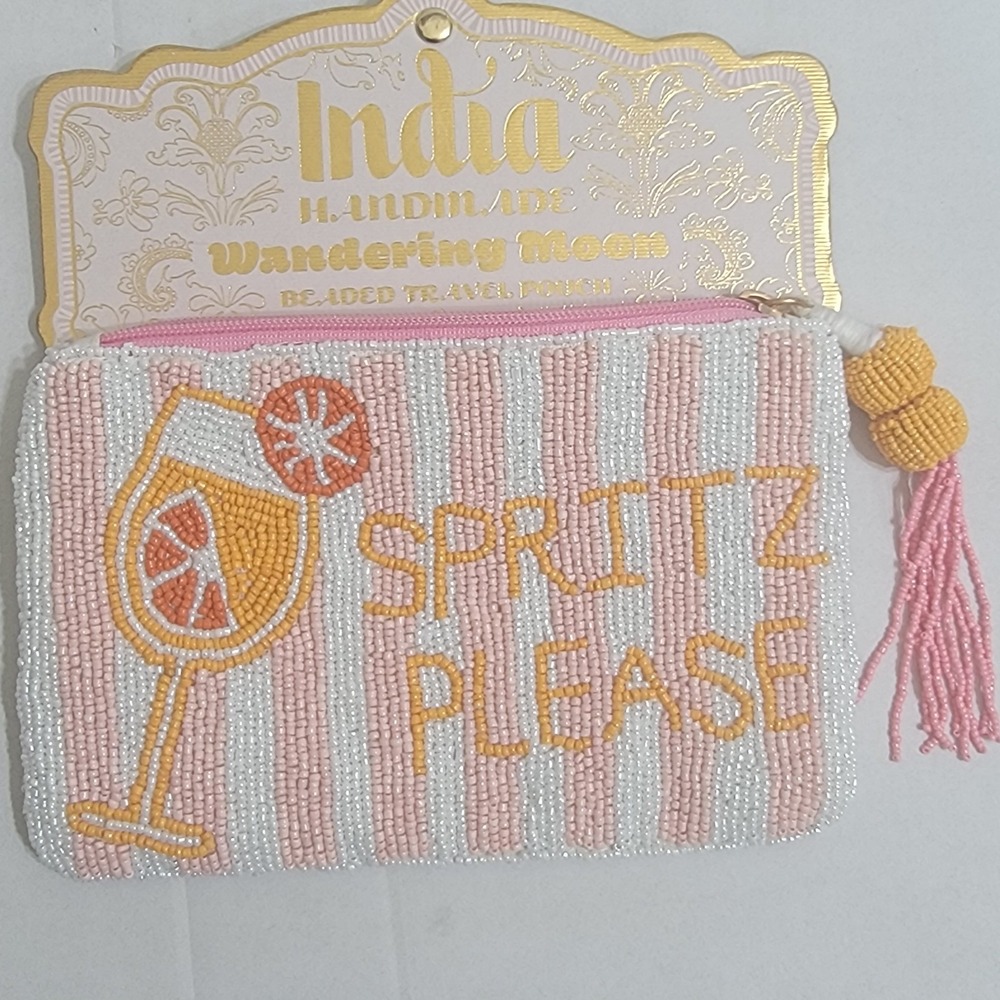 India Handmade Glass Beaded "Spritz Please" Cocktail Travel Pouch Coin Purse NWT - Picture 2 of 6